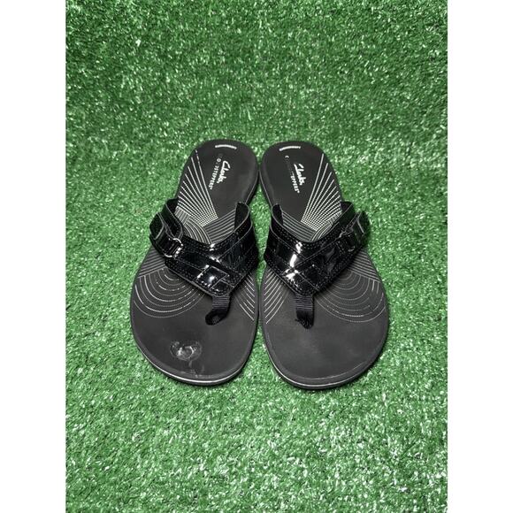 Clarks Cloud Steppers Sandals Womens Size 9 Black Leather Breeze Reyna Flip Flop - Picture 5 of 8